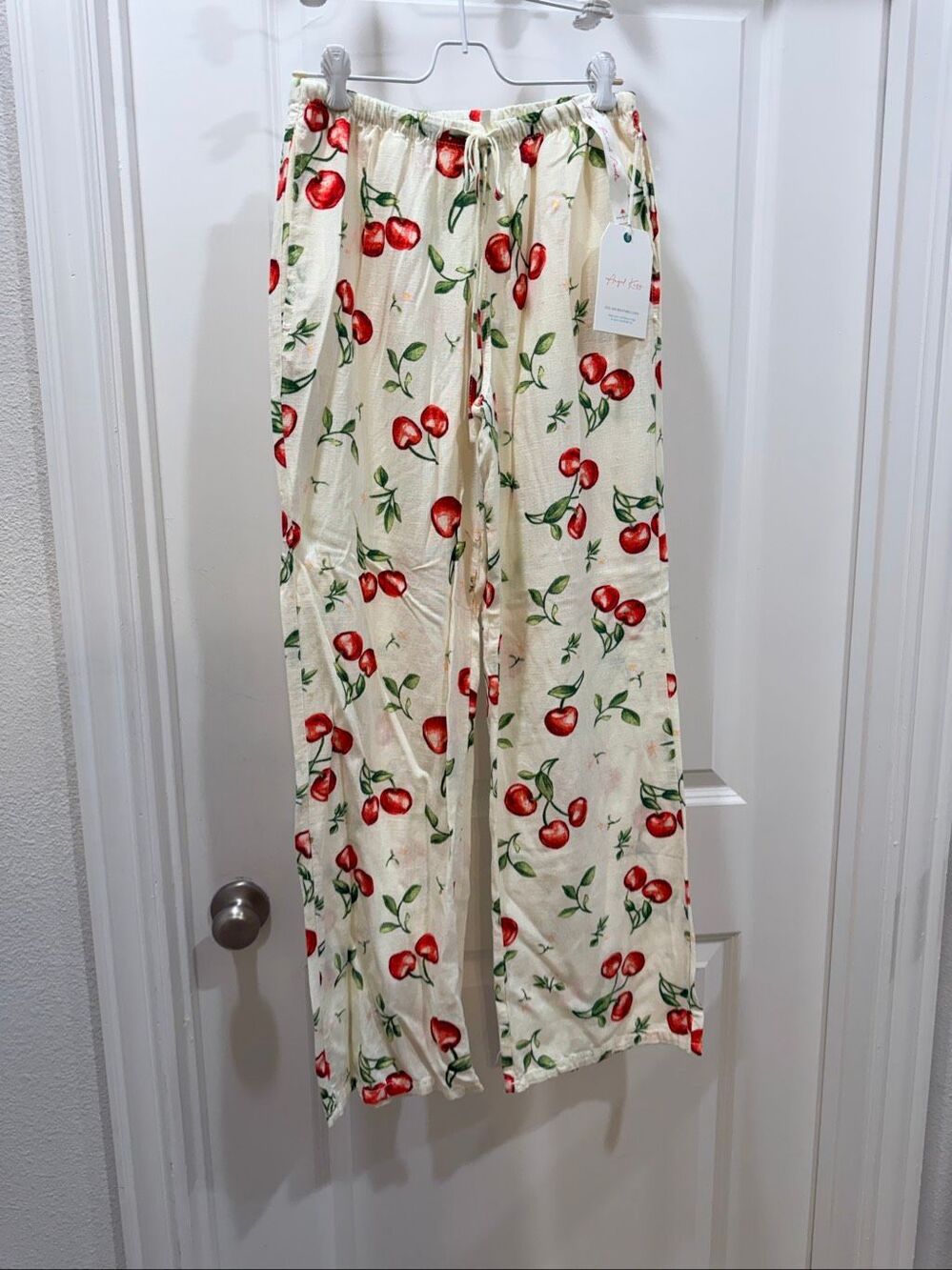Angel Kiss Cherry Print Linen Palazzo Beach Pants Size S New Resort Wear